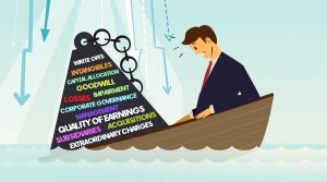 a man in a boat weighed down and sinking from bad business